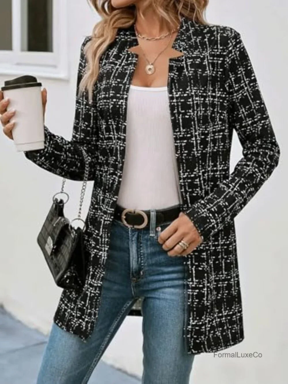 Women's Notch Lapel Plaid Tweed Blazer Open Front Long Sleeve Thigh Length